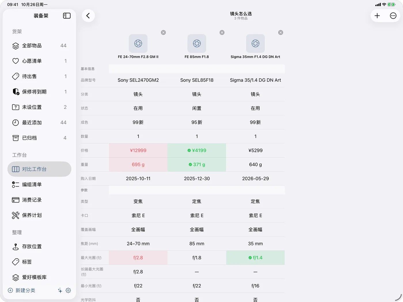 iPad 上的对比工作台：三支镜头的价格、重量和参数并排，差异逐行高亮